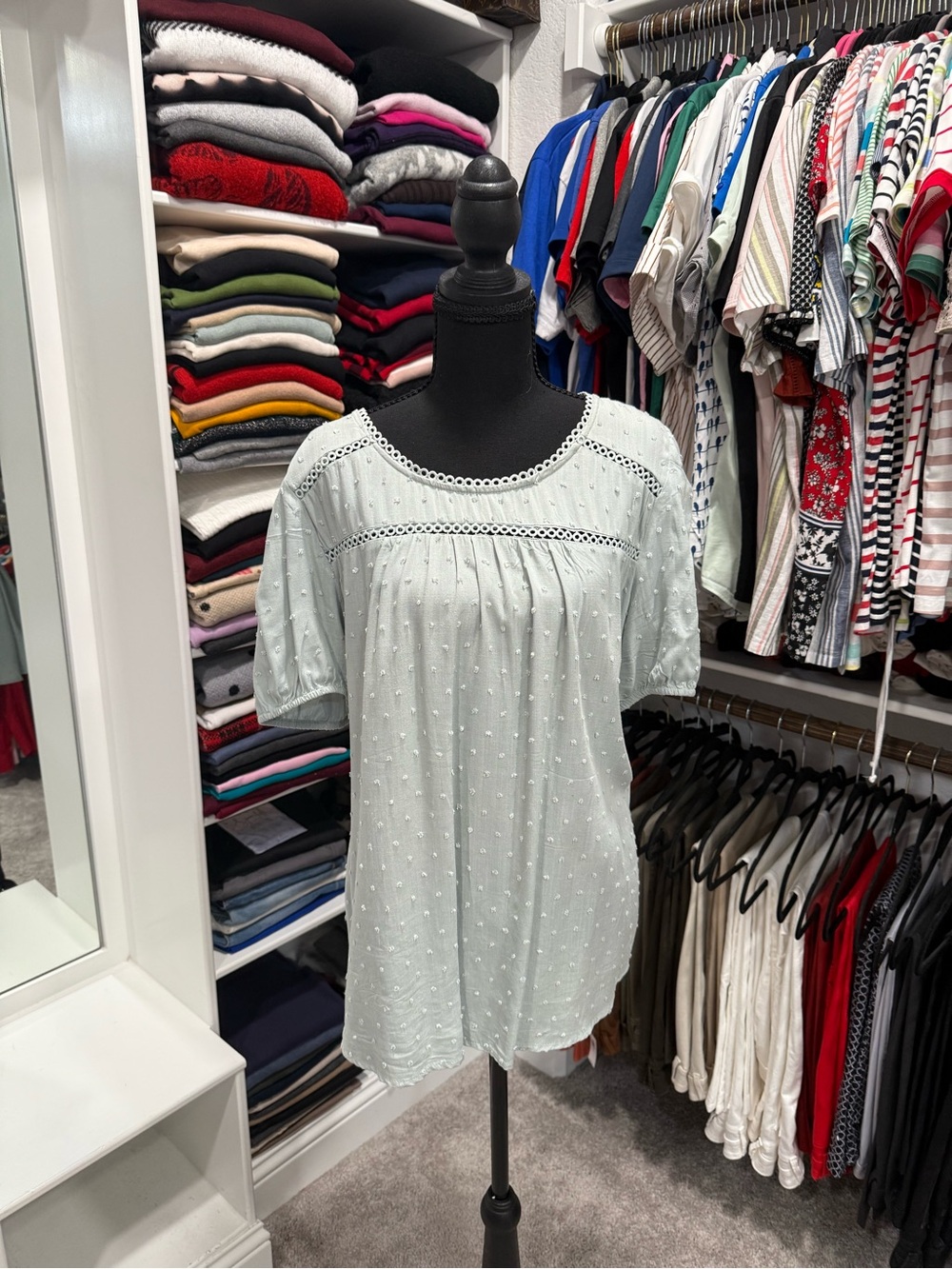 Mint Swiss Dot Short Puff Sleeve Blouse
